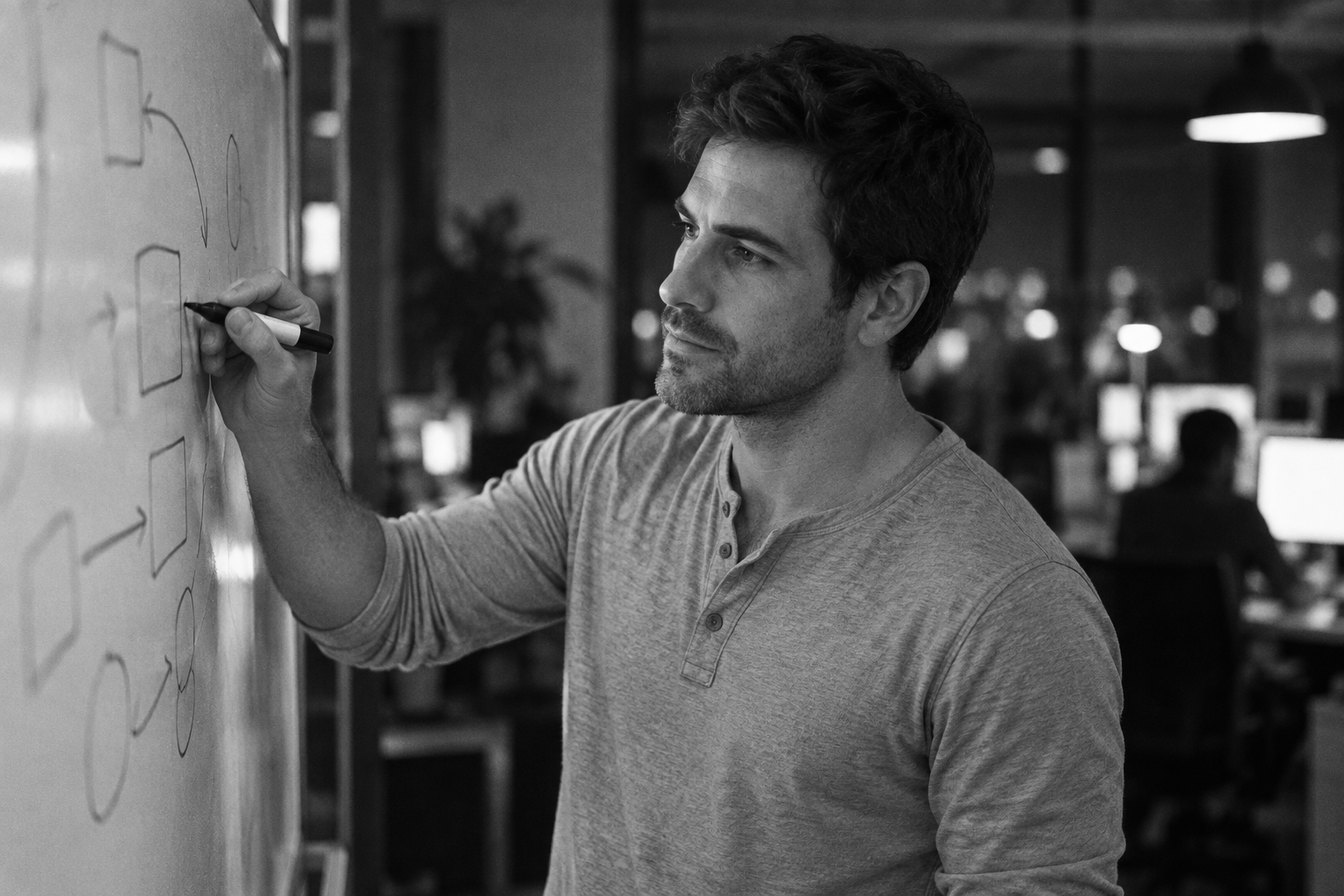 Years earlier, at a whiteboard in an open-plan office at night.