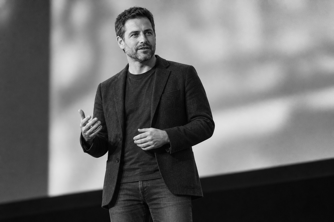 On stage at a conference, mid-sentence, one hand raised.