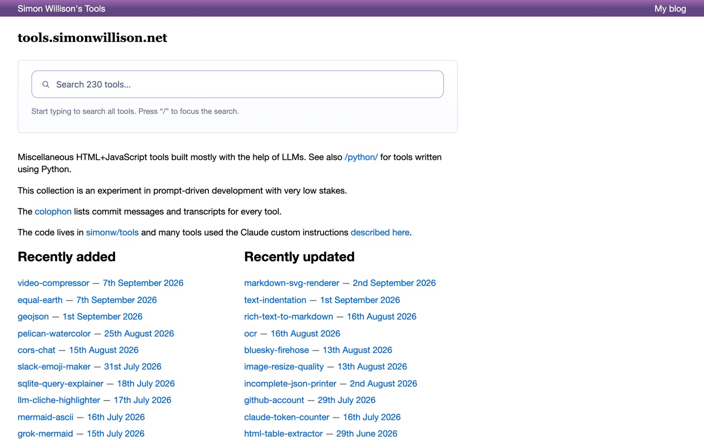 tools.simonwillison.net front page